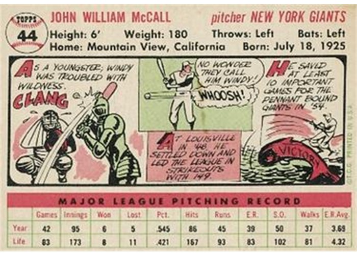 1956 Topps #44 Windy McCall (back)