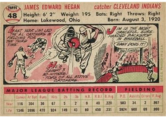 1956 Topps #48 Jim Hegan (back)