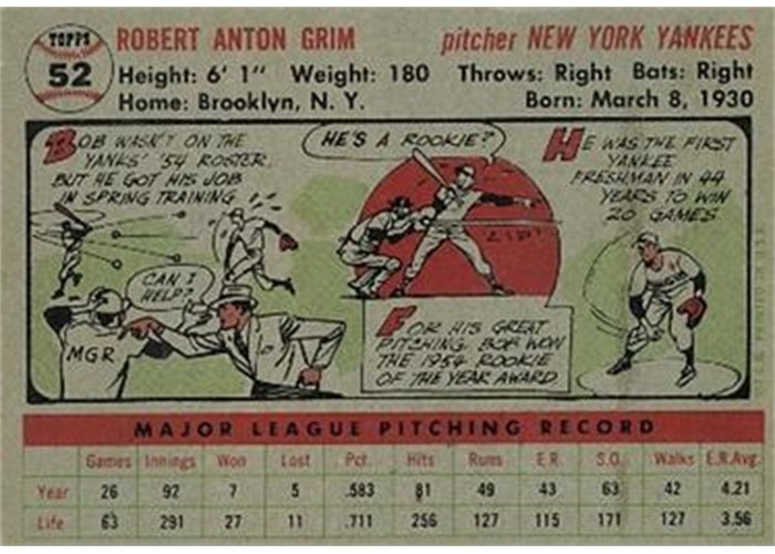 1956 Topps #52 Bob Grim (back)