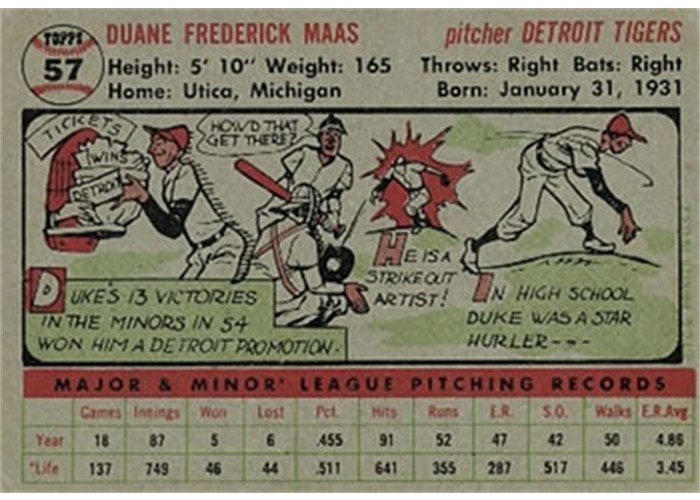 1956 Topps #57 Duke Maas (back)