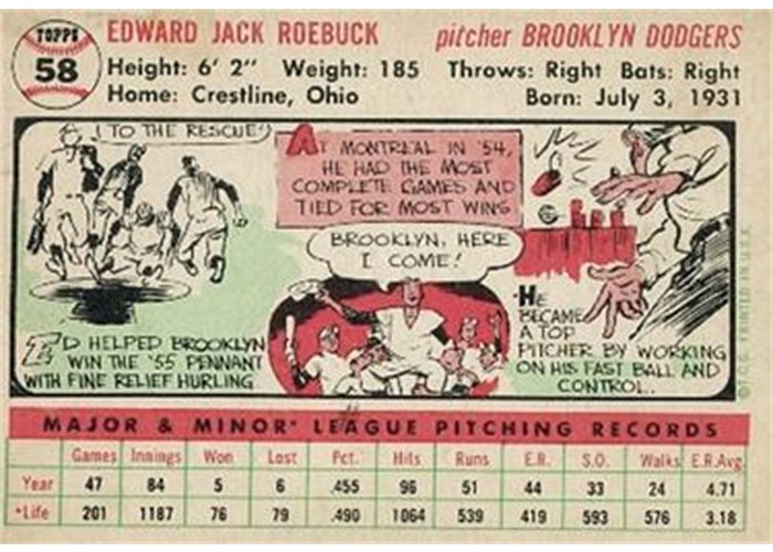 1956 Topps #58 Ed Roebuck (back)
