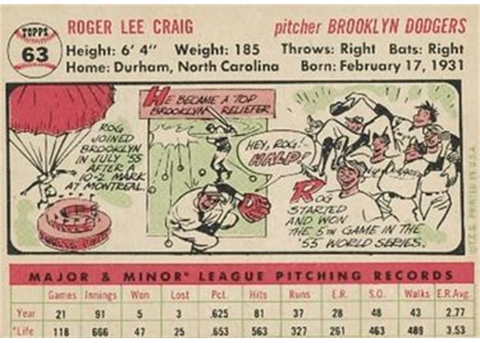 1956 Topps #63 Roger Craig (back)