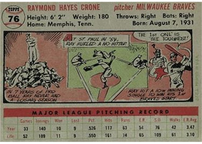 1956 Topps #76 Ray Crone (back)