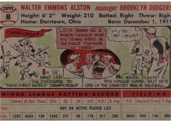 1956 Topps #8 Walt Alston (back)