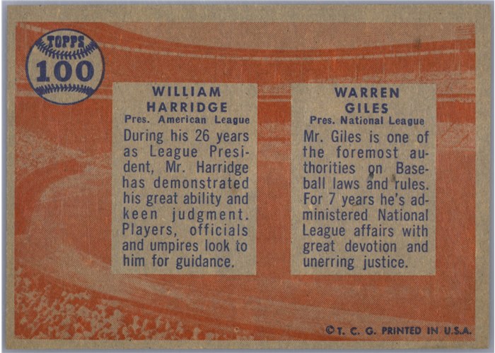 1957 Topps #100 Warren Giles / Will Harridge card back
