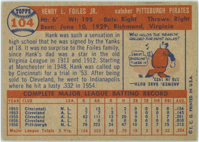 1957 Topps #104 Hank Foiles, Pittsburgh Pirates card back