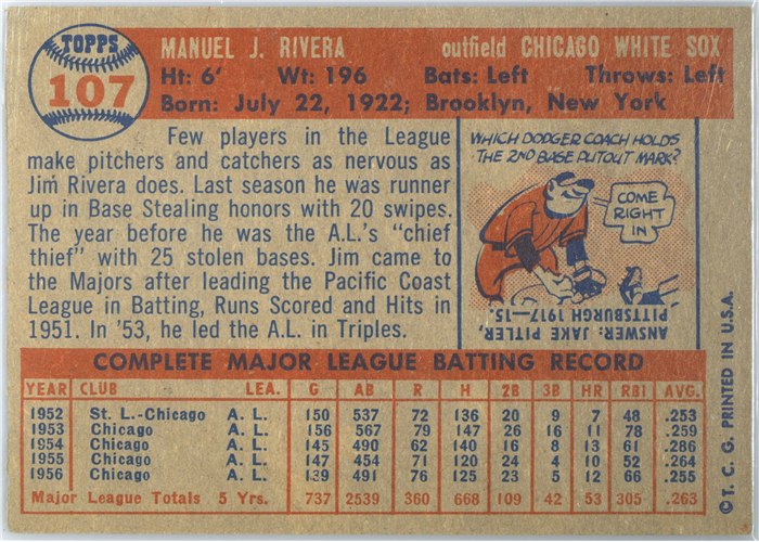 1957 Topps #107 Jim Rivera, Chicago White Sox card back