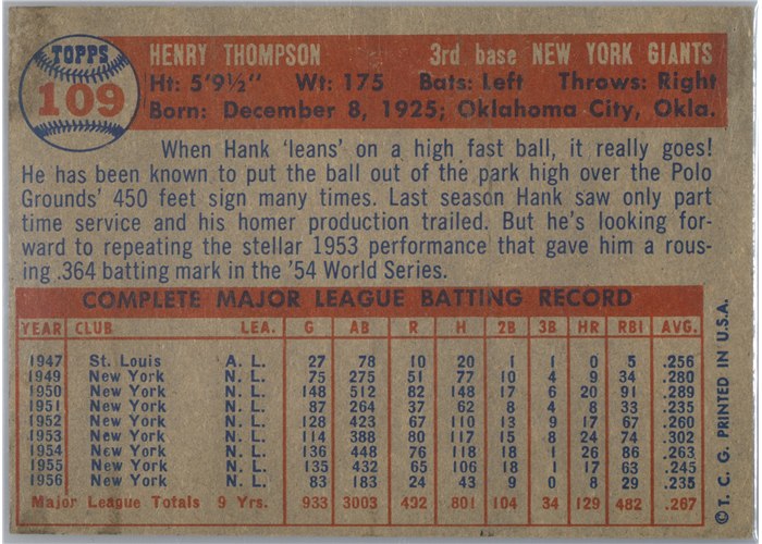 1957 Topps #109 Hank Thompson, New York Giants card back