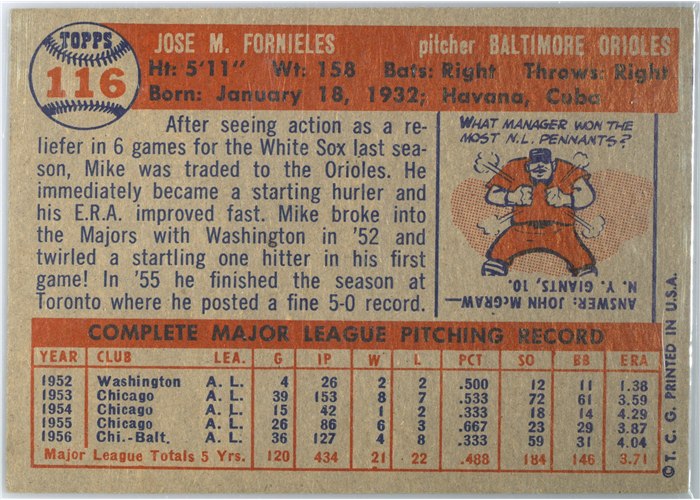 1957 Topps #116 Mike Fornieles, Baltimore Orioles card back