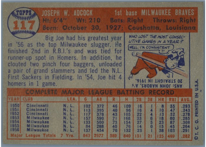 1957 Topps #117 Joe Adcock, Milwaukee Braves card back