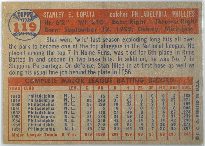 1957 Topps #119 Stan Lopata, Philadelphia Phillies card back