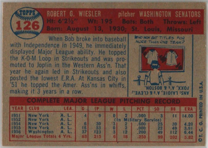 1957 Topps #126 Bob Wiesler, Washington Senators card back
