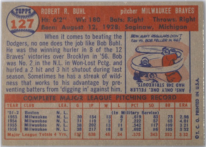 1957 Topps #127 Bob Buhl, Milwaukee Braves card back
