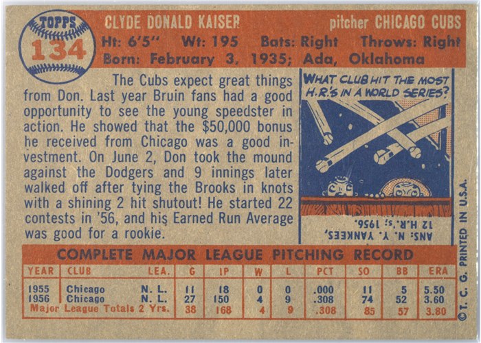 1957 Topps #134 Don Kaiser, Chicago Cubs card back