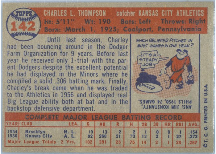 1957 Topps #142 Charley Thompson, Kansas City Athletics card back