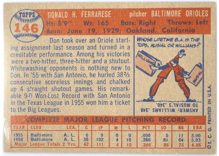 1957 Topps #146 Don Ferrarese, Baltimore Orioles card back