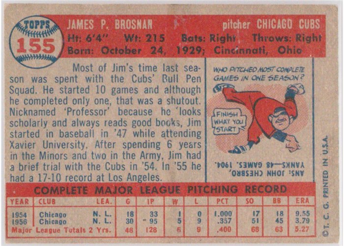 1957 Topps #155 Jim Brosnan, Chicago Cubs card back