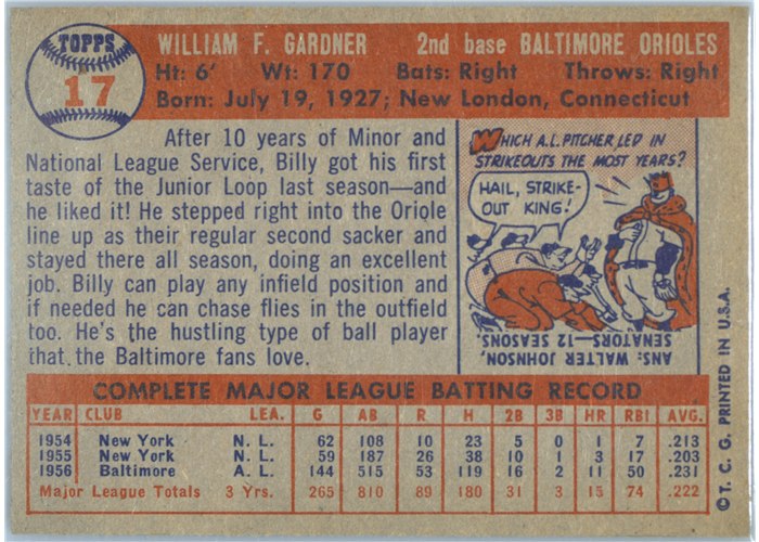 1957 Topps #17 Billy Gardner, Baltimore Orioles card back