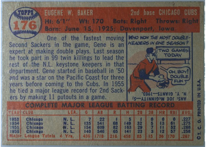 1957 Topps #176B Gene Baker, Chicago Cubs card back