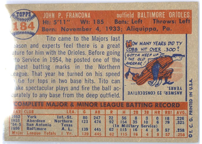 1957 Topps #184 Tito Francona, Baltimore Orioles card back