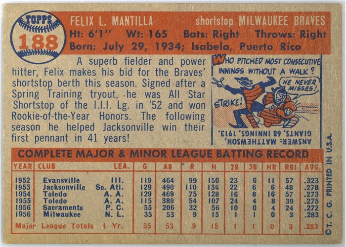 1957 Topps #188 Felix Mantilla, Milwaukee Braves card back