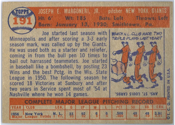 1957 Topps #191 Joe Margoneri, New York Giants card back