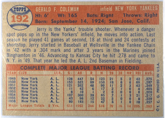 1957 Topps #192 Jerry Coleman, New York Yankees card back