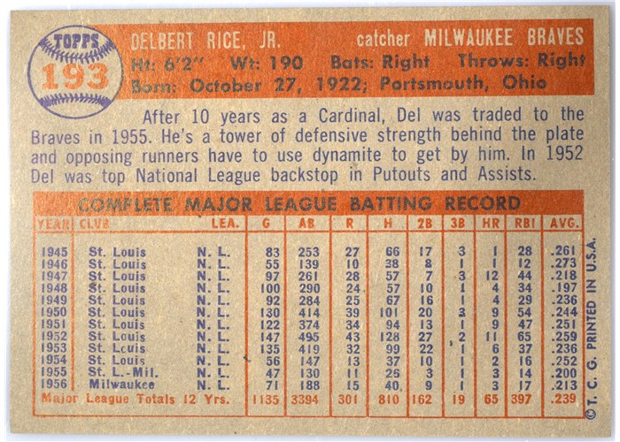 1957 Topps #193 Del Rice, Milwaukee Braves card back