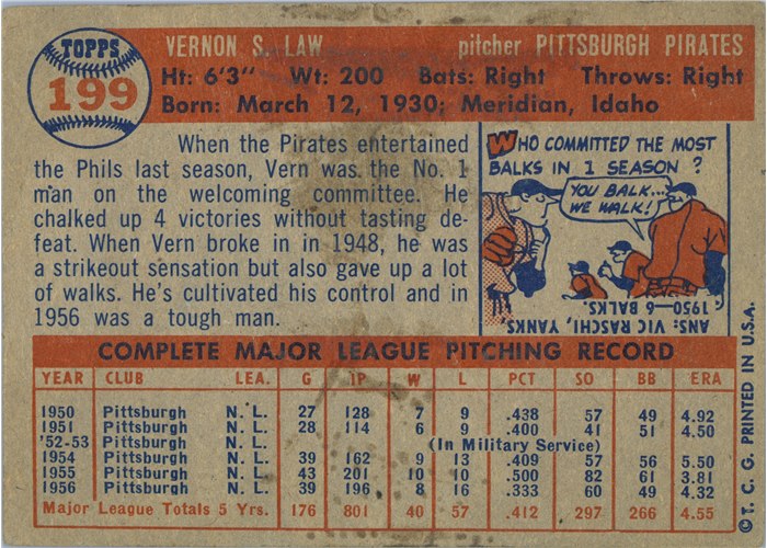 1957 Topps #199 Vern Law, Pittsburgh Pirates card back