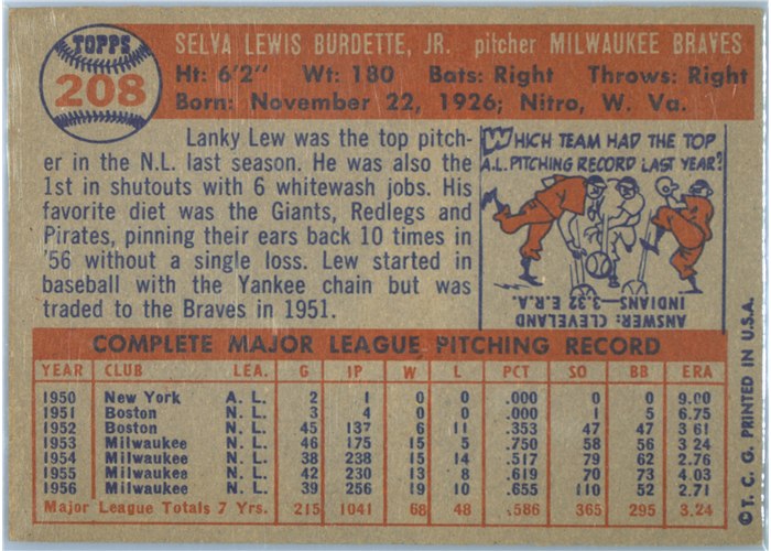 1957 Topps #208 Lou Burdette, Milwaukee Braves card back