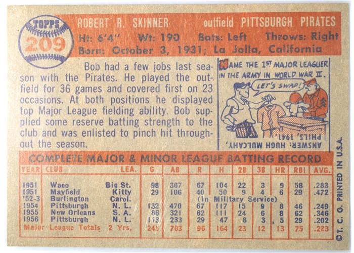 1957 Topps #209 Bob Skinner, Pittsburgh Pirates card back