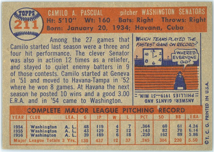 1957 Topps #211 Camilo Pascual, Washington Senators card back