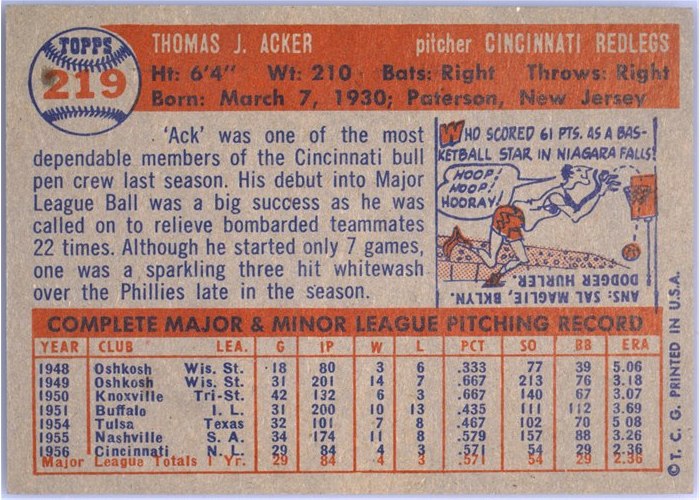 1957 Topps #219 Tom Acker, Cincinnati Redlegs card back