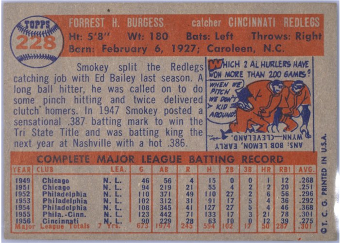 1957 Topps #228 Smoky Burgess, Cincinnati Redlegs card back