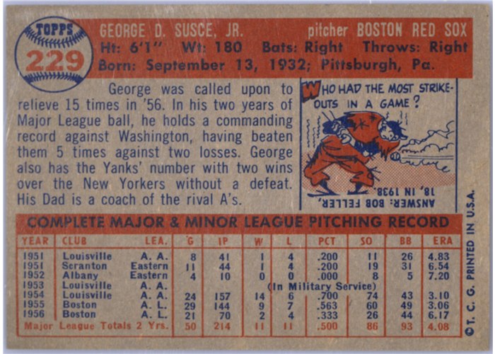 1957 Topps #229 George Susce, Boston Red Sox card back