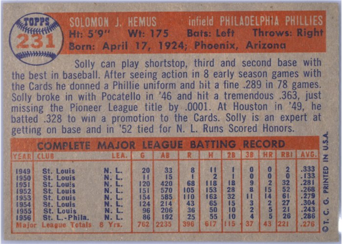 1957 Topps #231 Solly Hemus, Philadelphia Phillies card back