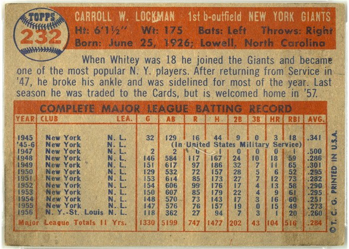 1957 Topps #232 Whitey Lockman, New York Giants card back