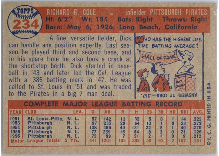 1957 Topps #234 Dick Cole, Pittsburgh Pirates card back