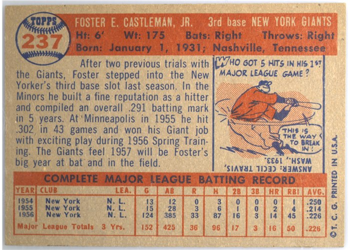 1957 Topps #237 Foster Castleman, New York Giants card back