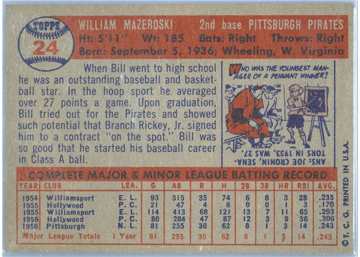1957 Topps #24 Bill Mazeroski, Pittsburgh Pirates card back