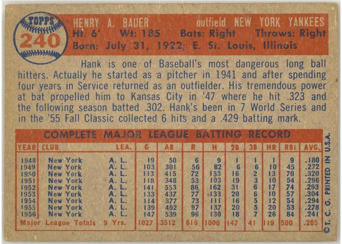 1957 Topps #240 Hank Bauer, New York Yankees card back