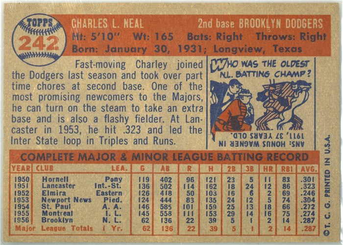1957 Topps #242 Charlie Neal, Brooklyn Dodgers card back