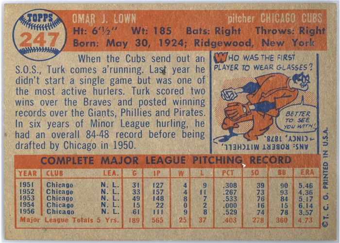 1957 Topps #247 Turk Lown, Chicago Cubs card back