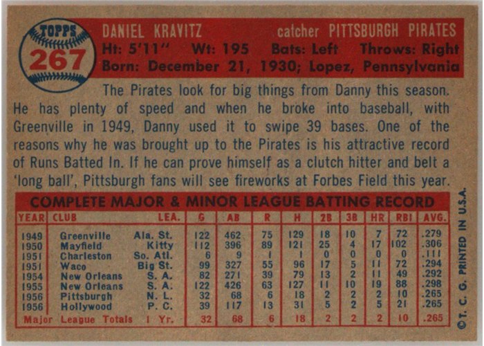 1957 Topps #267 Danny Kravitz, Pittsburgh Pirates card back