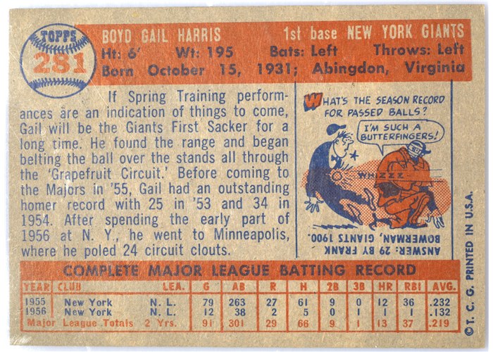 1957 Topps #281 Gail Harris, New York Giants card back
