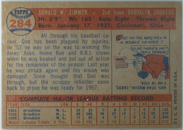 1957 Topps #284 Don Zimmer, Brooklyn Dodgers card back