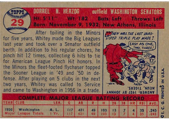 1957 Topps #29 Whitey Herzog, Washington Senators card back