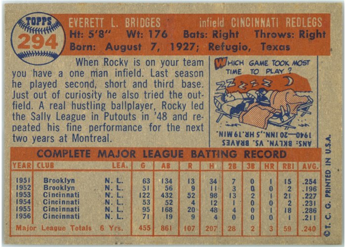 1957 Topps #294 Rocky Bridges, Cincinnati Redlegs card back
