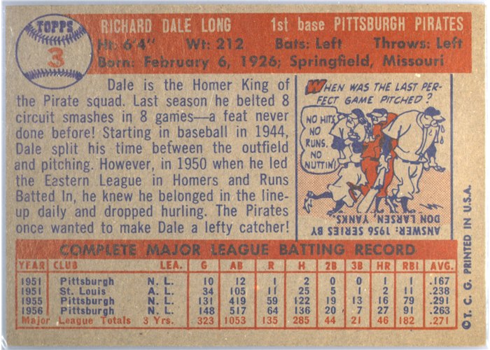 1957 Topps #3 Dale Long, Pittsburgh Pirates card back