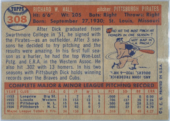 1957 Topps #308 Dick Hall, Pittsburgh Pirates card back